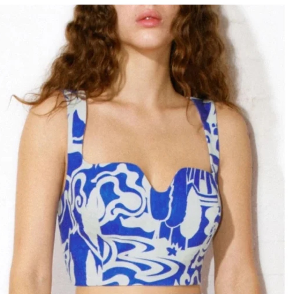 Mara Hoffman Jini Blue and White Sleeveless Crop Top